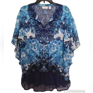 CHICO'S Blue Print Chiffon Bat Wing Sleeves Tunic Top SZ Medium